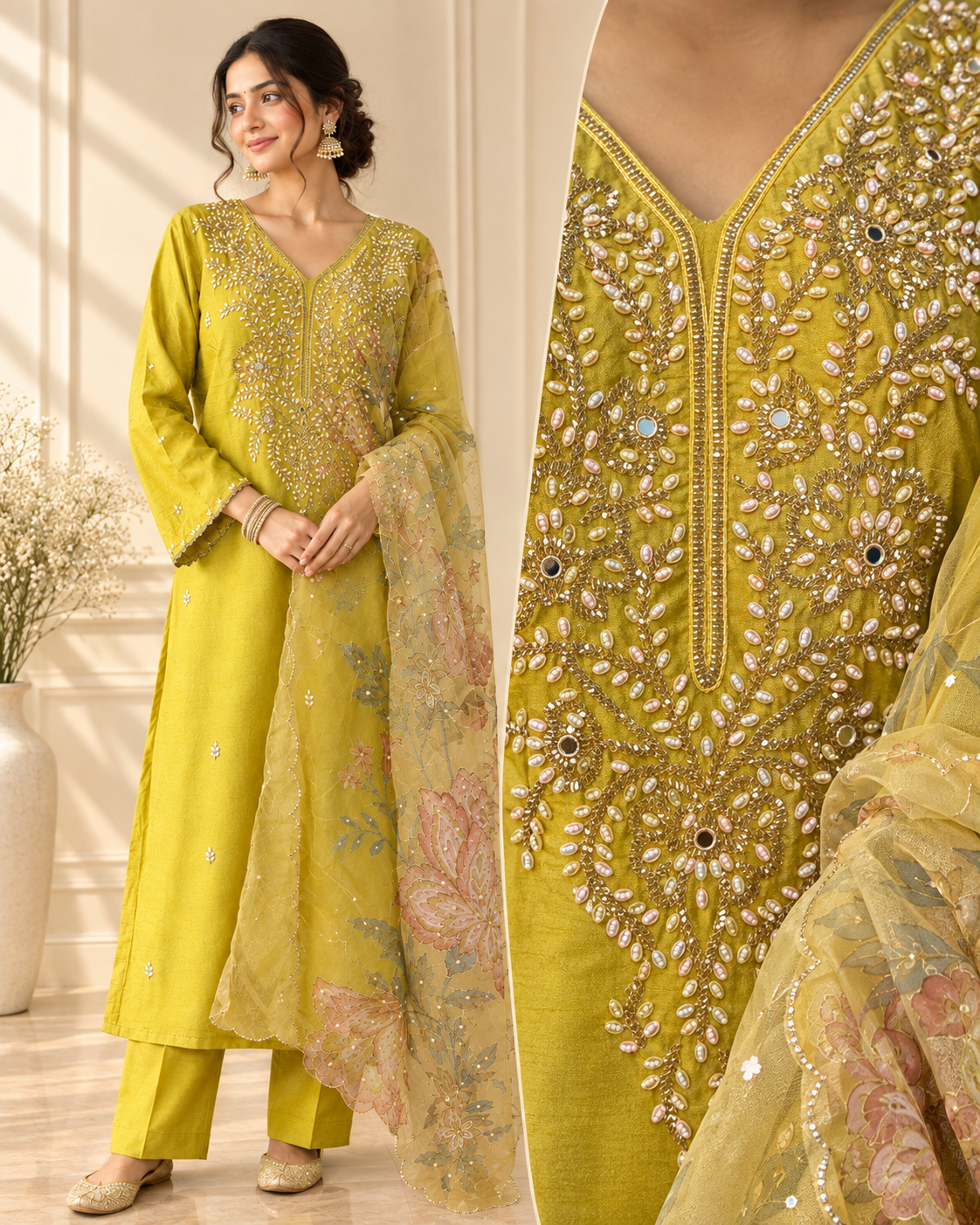Mehendi Green Pearl Embroidered Kurta Set with Floral Dupatta