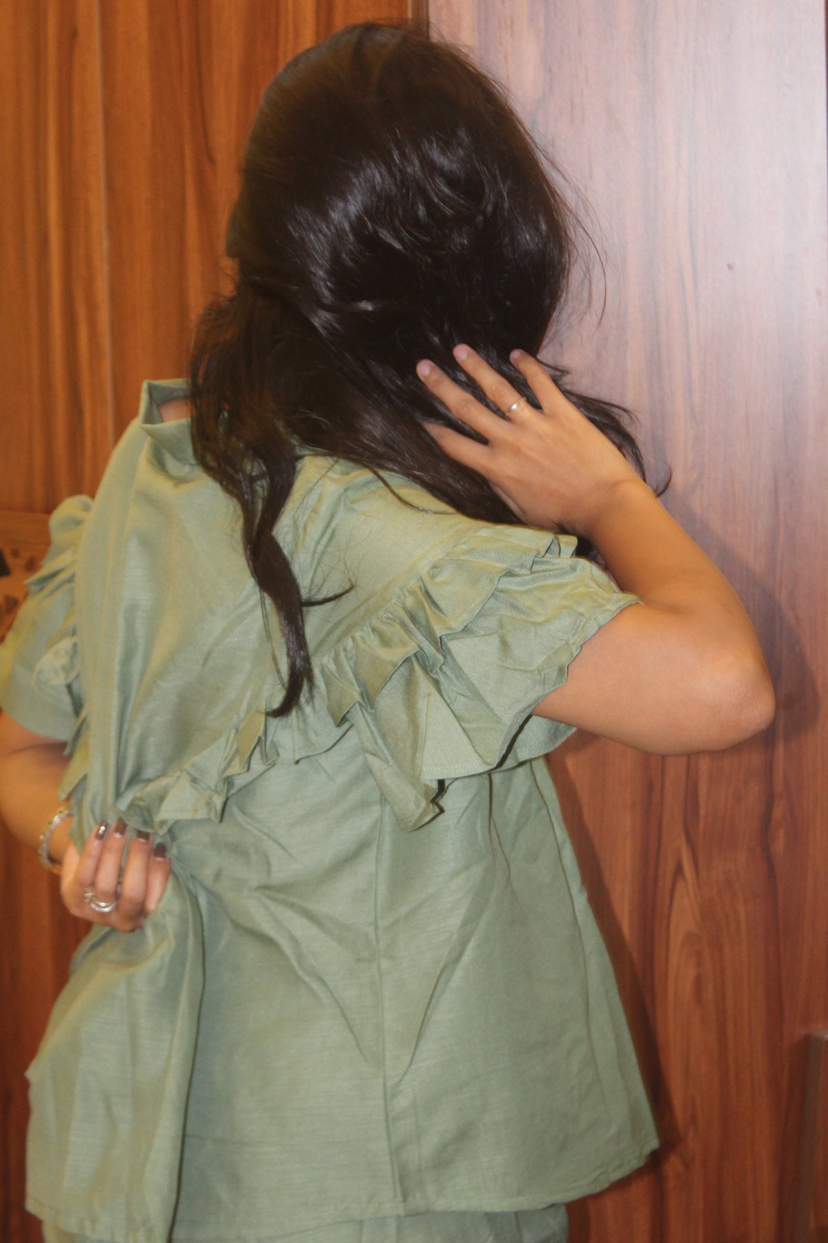 Olive Green Ruffle Co-ord set with Viscose Top and Pants