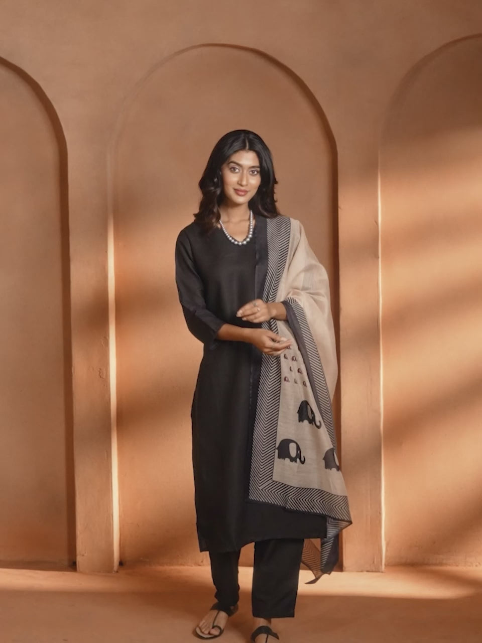 Black Embroidered Cotton Kurta Set with Chanderi Dupatta