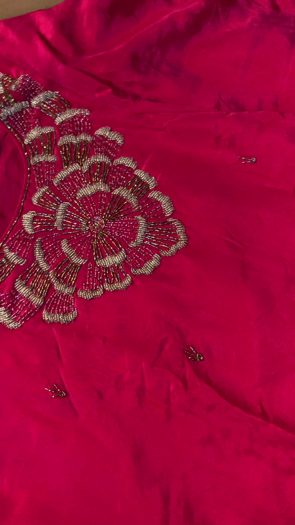Fuchsia Pink Faux Crepe Embroidered Suit Set with Banarasi Dupatta