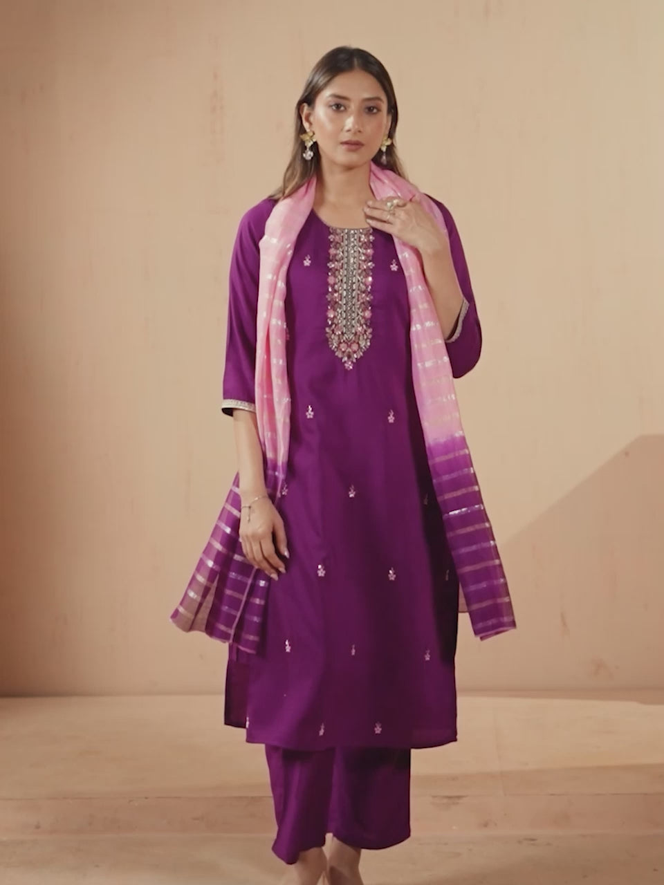 Wine Red Chinon Kurta Set with Embroidered Detailing