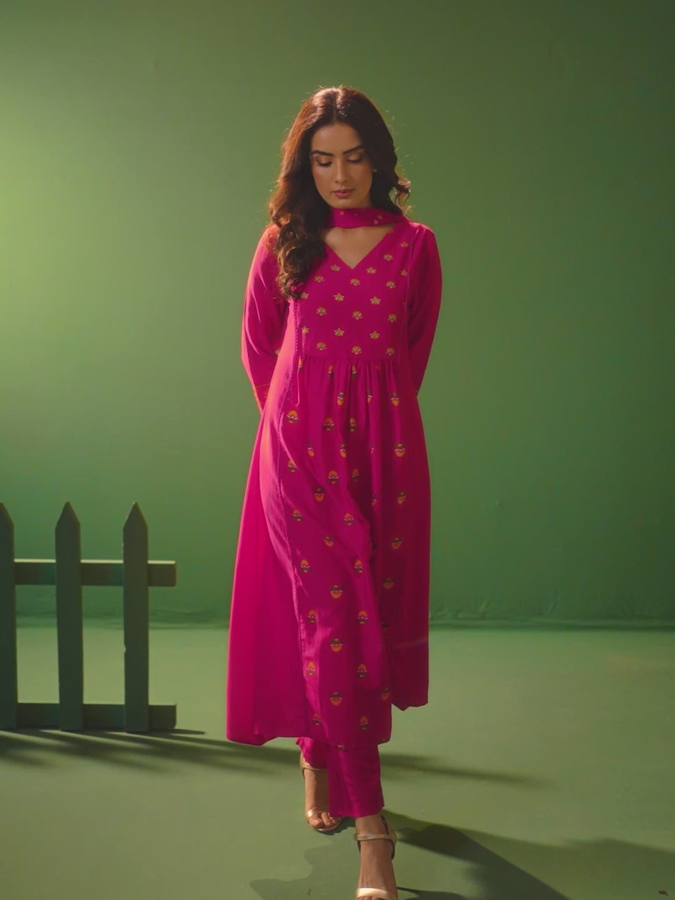 Pink Chinnon Printed Flared Calf Length Kurta with Cotton Printed Dupatta