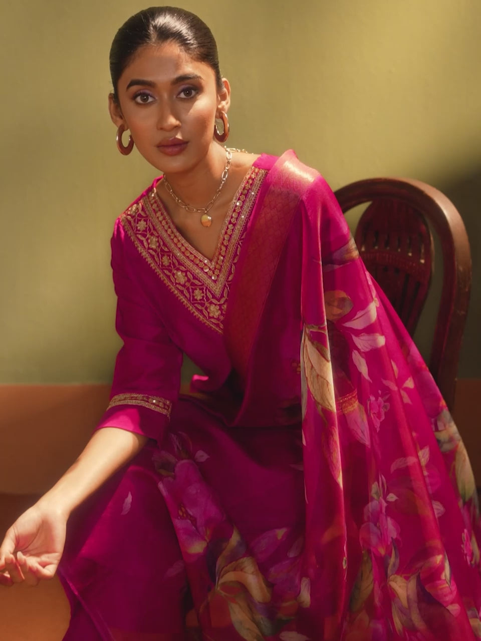 Pink Embroidered Cotton Kurta Set with Jacquard Dupatta