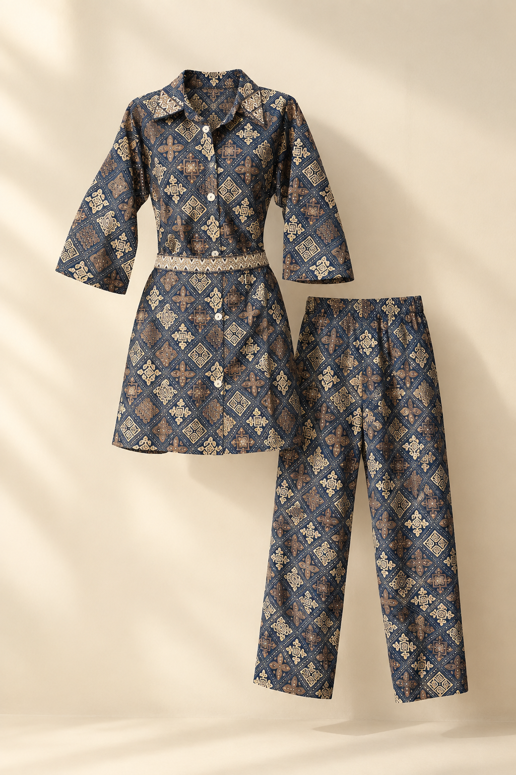 Indigo Printed Cotton 3-Piece Co-ord Set with Belt