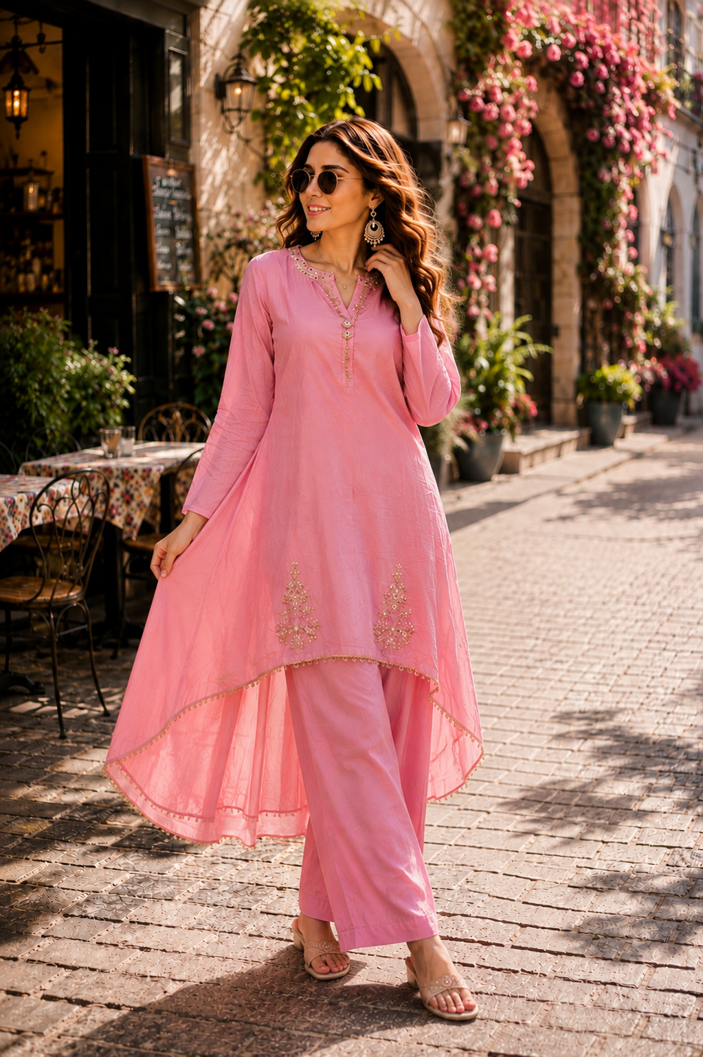 A-Line Pink Handworked Co-Ord Set | Embroidered