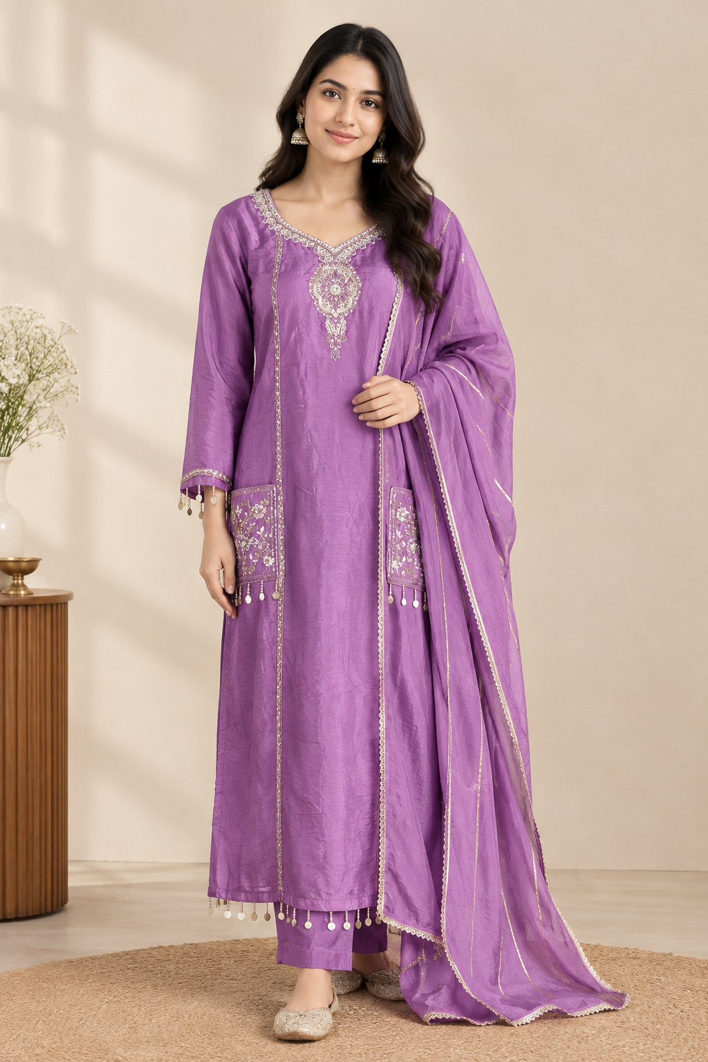 Festive Mauve Orchid Art Dola Silk Suit Set with Zari Detailing