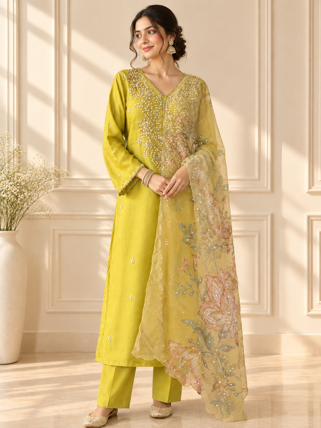 Mehendi Green Pearl Embroidered Kurta Set with Floral Dupatta