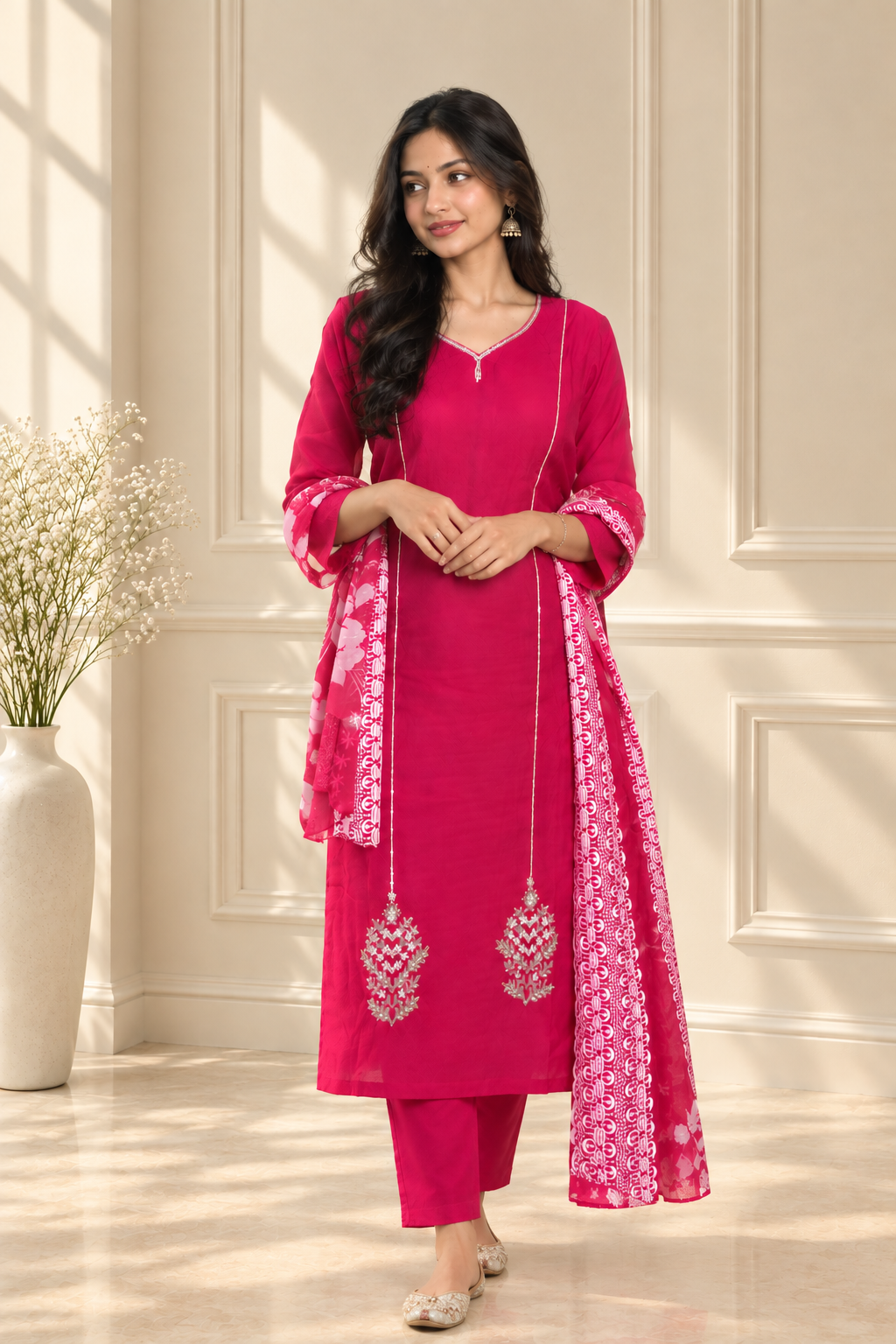Fuchsia Bloom Embroidered Kurta Set with Floral Print Dupatta