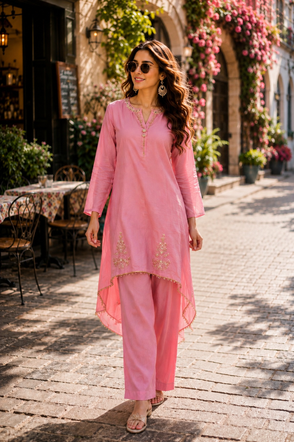 A-Line Pink Handworked Co-Ord Set | Embroidered