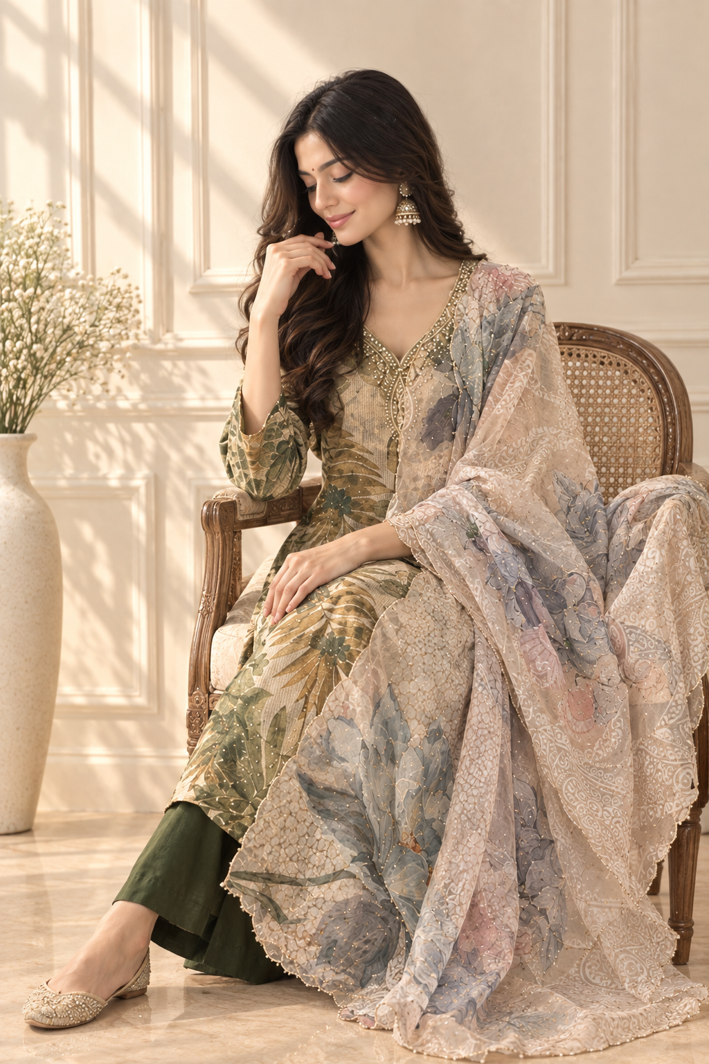 Earthy Botanica Embroidered Chanderi Silk Suit Set