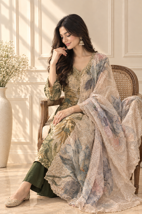 Earthy Botanica Embroidered Chanderi Silk Suit Set