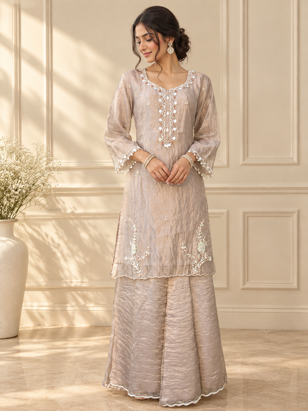 Rose Gold Silk Kurta & Palazzo Set — Hand-Embroidered Elegance