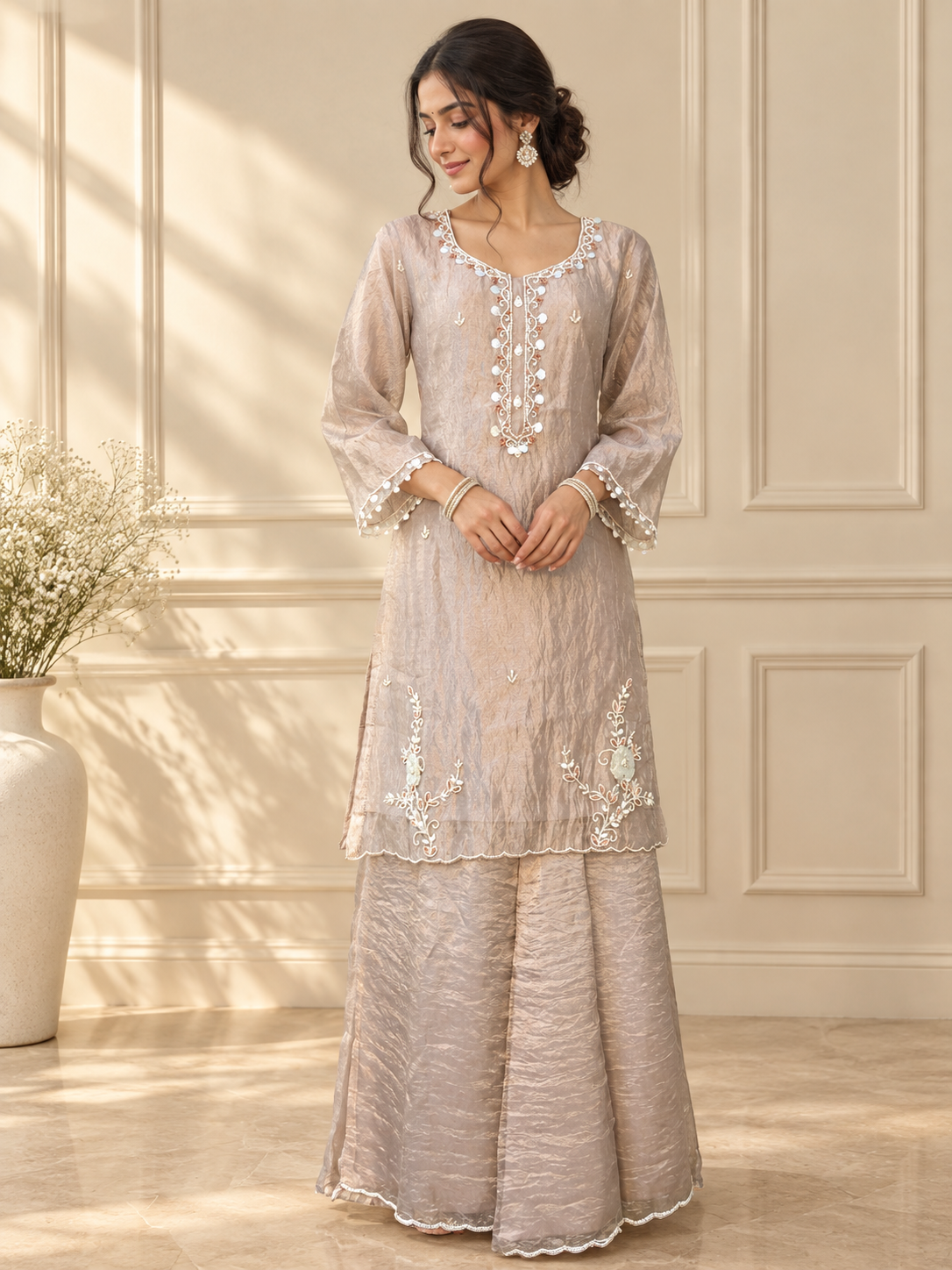 Rose Gold Silk Kurta & Palazzo Set — Hand-Embroidered Elegance