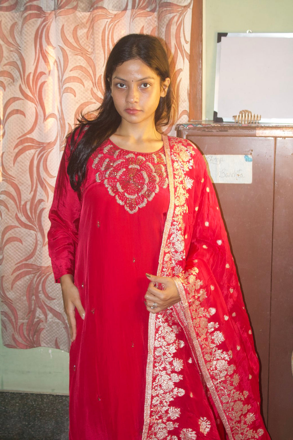Fuchsia Pink Faux Crepe Embroidered Suit Set with Banarasi Dupatta