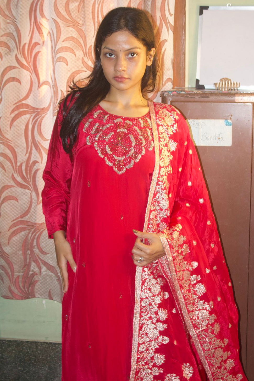 Fuchsia Pink Faux Crepe Embroidered Suit Set with Banarasi Dupatta