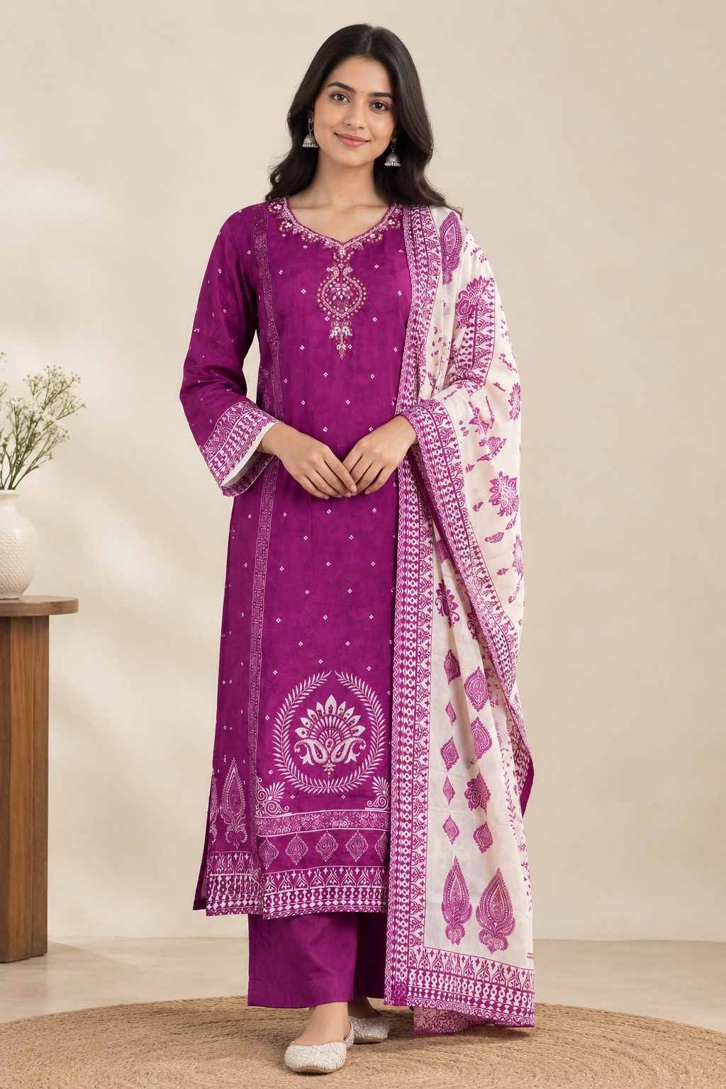 Royal Purple Printed & Embroidered Crepe Kurta Set