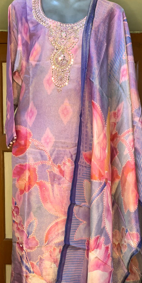 Mauve Floral Organza Silk Embroidered Kurta Set