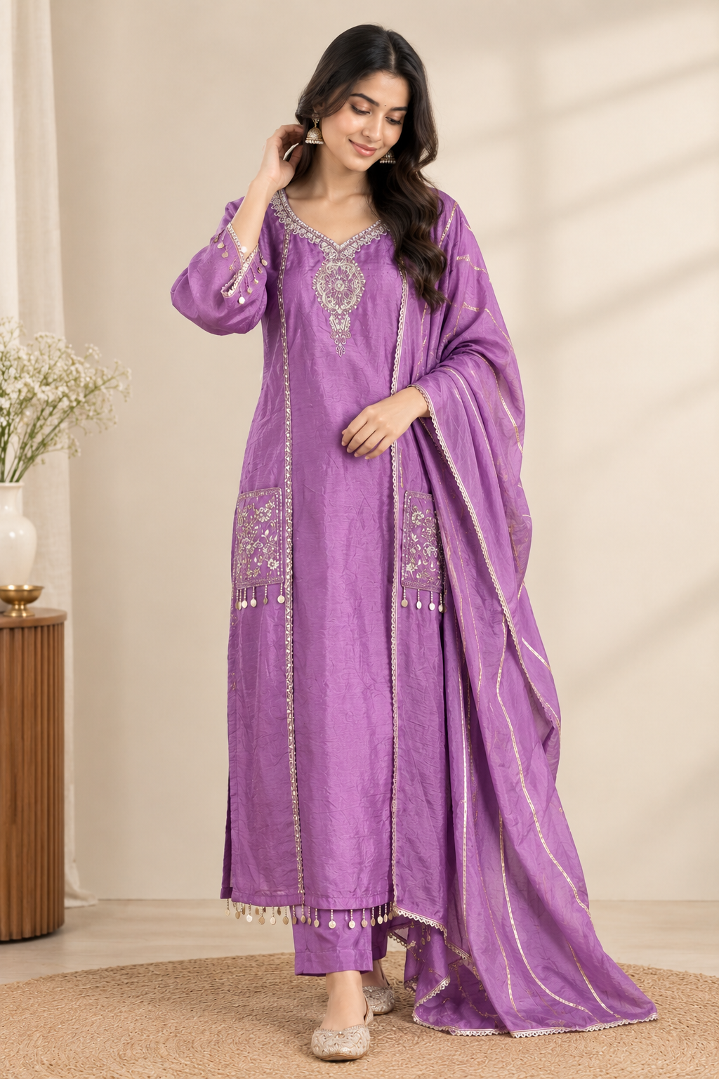 Festive Mauve Orchid Art Dola Silk Suit Set with Zari Detailing