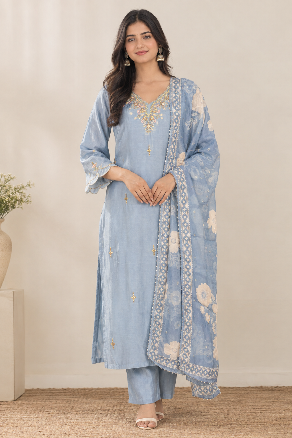 Powder Blue Muslin Silk Kurta Set with Printed Organza Dupatta