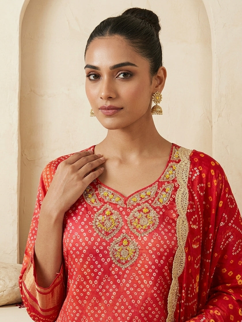 Royal Crimson Gaji Silk Bandhani Set with Hand-Embroidered Kundan Neckline