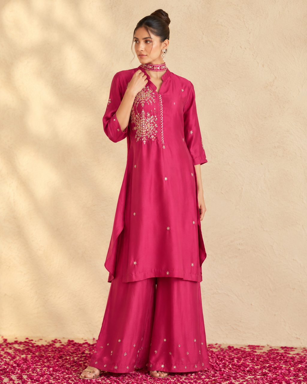 Fuchsia Magenta Mul Chanderi Embroidered Kurta Palazzo Set with Matching Choker