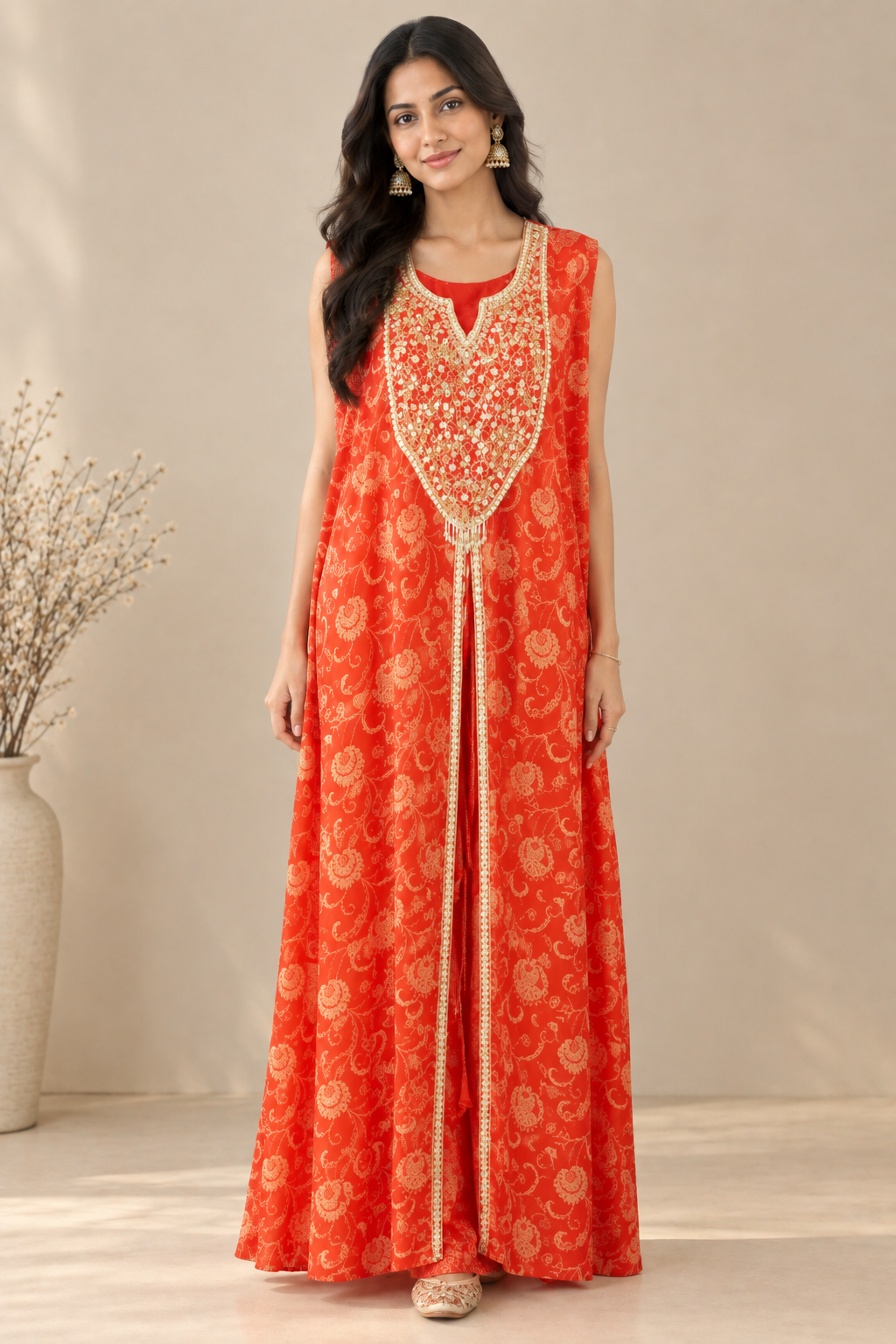 Red Embroidered Silk Anarkali Cape-styled festive Indo-Western Dress