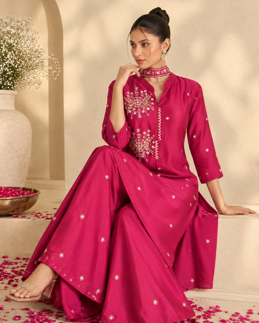Fuchsia Magenta Mul Chanderi Embroidered Kurta Palazzo Set with Matching Choker