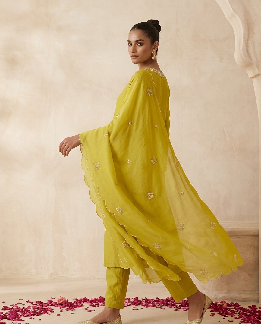 Lime Mustard Raw Silk Kurta Set with Cutdana Embroidery & Scalloped Dupatta