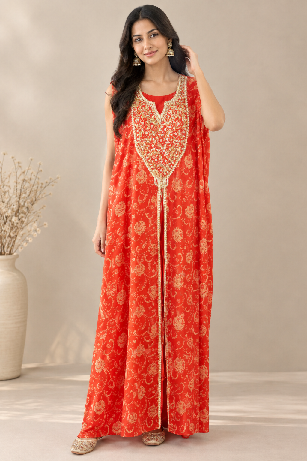 Red Embroidered Silk Anarkali Cape-styled festive Indo-Western Dress