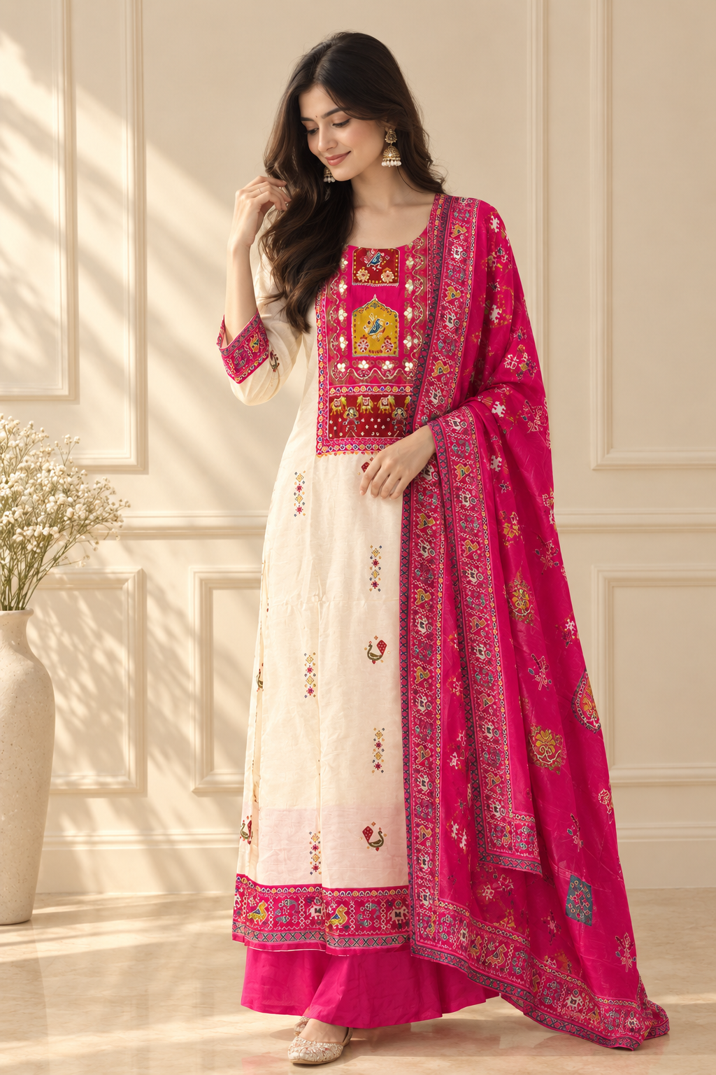 Festive Off-White Semi-Tussar Silk Suit Set in Vibrant Pink Patola Style