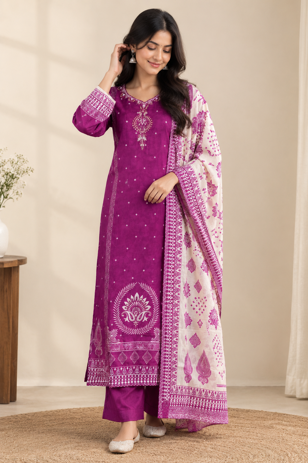 Royal Purple Printed & Embroidered Crepe Kurta Set