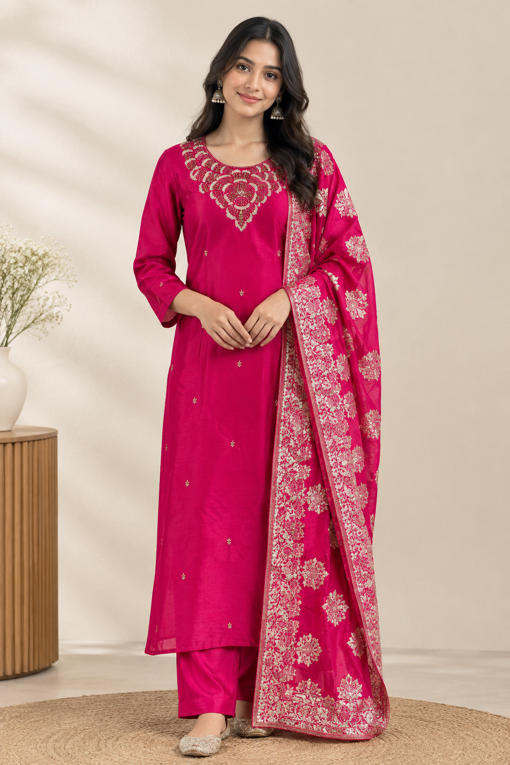 Fuchsia Pink Faux Crepe Embroidered Suit Set with Banarasi Dupatta