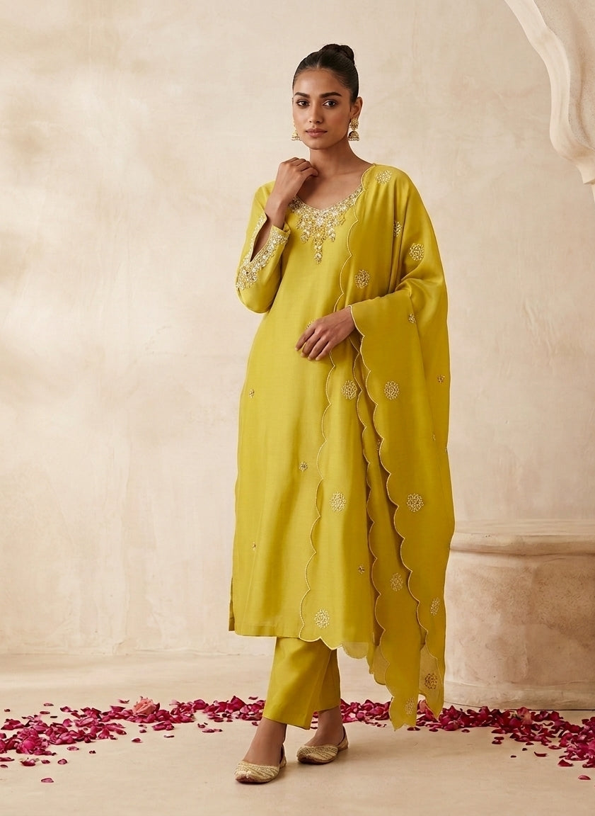 Lime Mustard Raw Silk Kurta Set with Cutdana Embroidery & Scalloped Dupatta