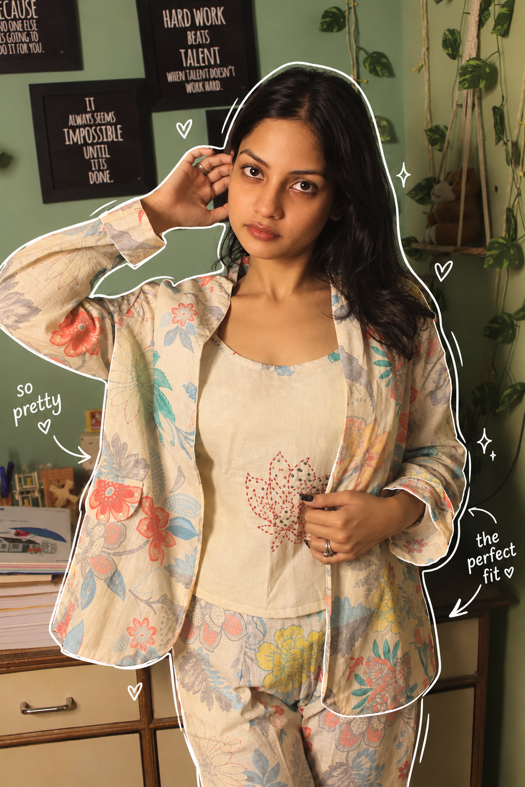 Pure Cotton Floral 3 Piece Co-ord Set for Women | Printed Top, Pants & Shrug