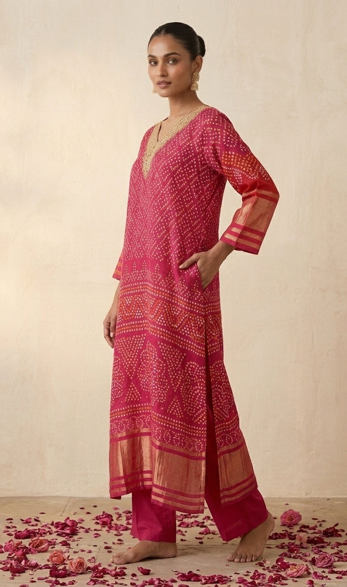 Fuchsia Pink Bandhani Print Silk Blend Kurta Set with Zari Border & Embroidered Neckline