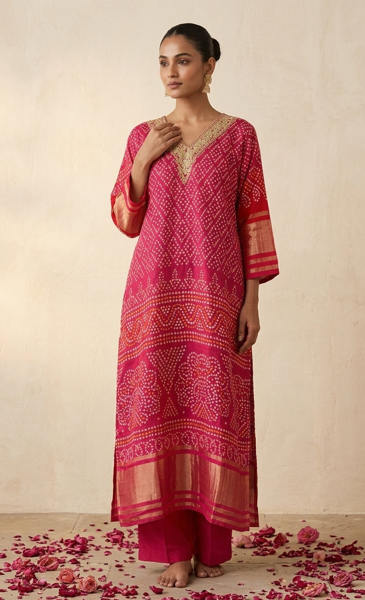 Fuchsia Pink Bandhani Print Silk Blend Kurta Set with Zari Border & Embroidered Neckline