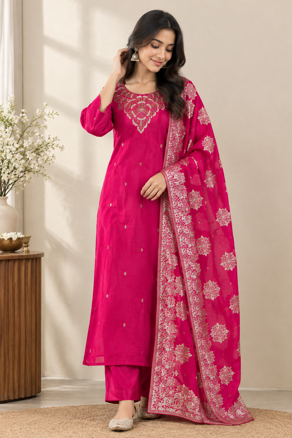 Fuchsia Pink Faux Crepe Embroidered Suit Set with Banarasi Dupatta
