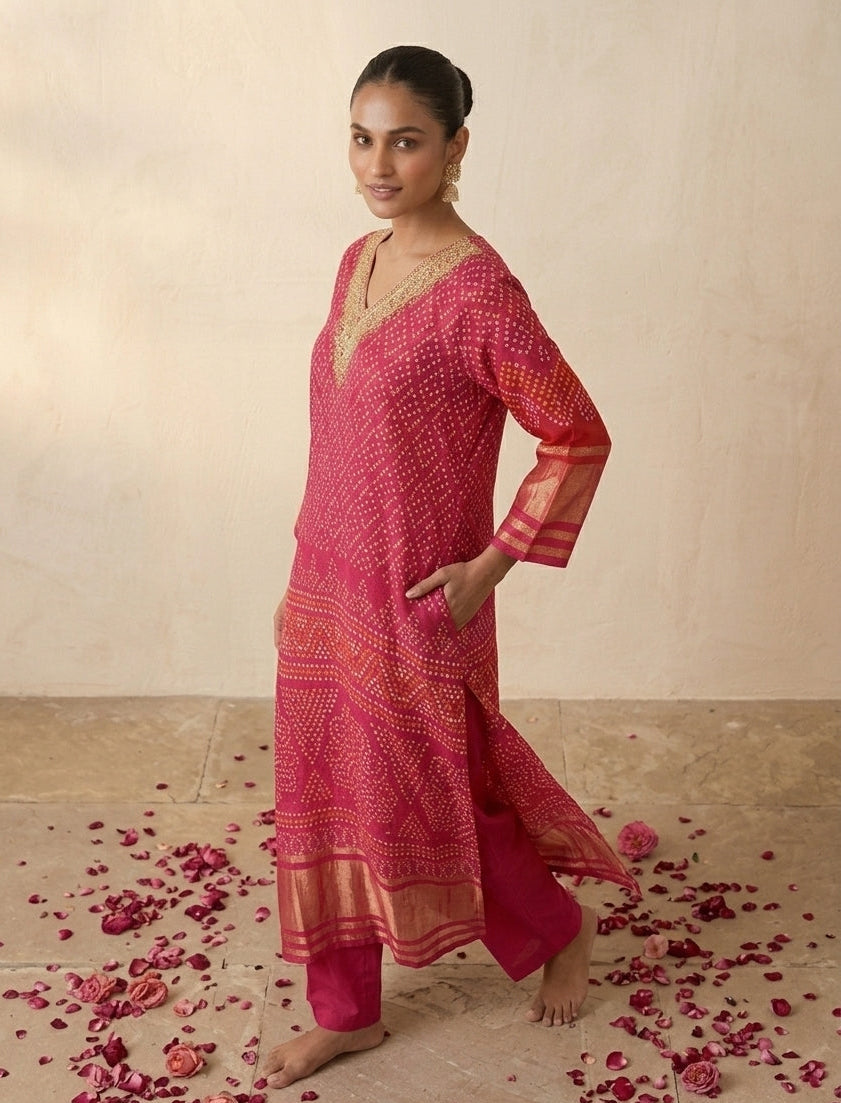 Fuchsia Pink Bandhani Print Silk Blend Kurta Set with Zari Border & Embroidered Neckline