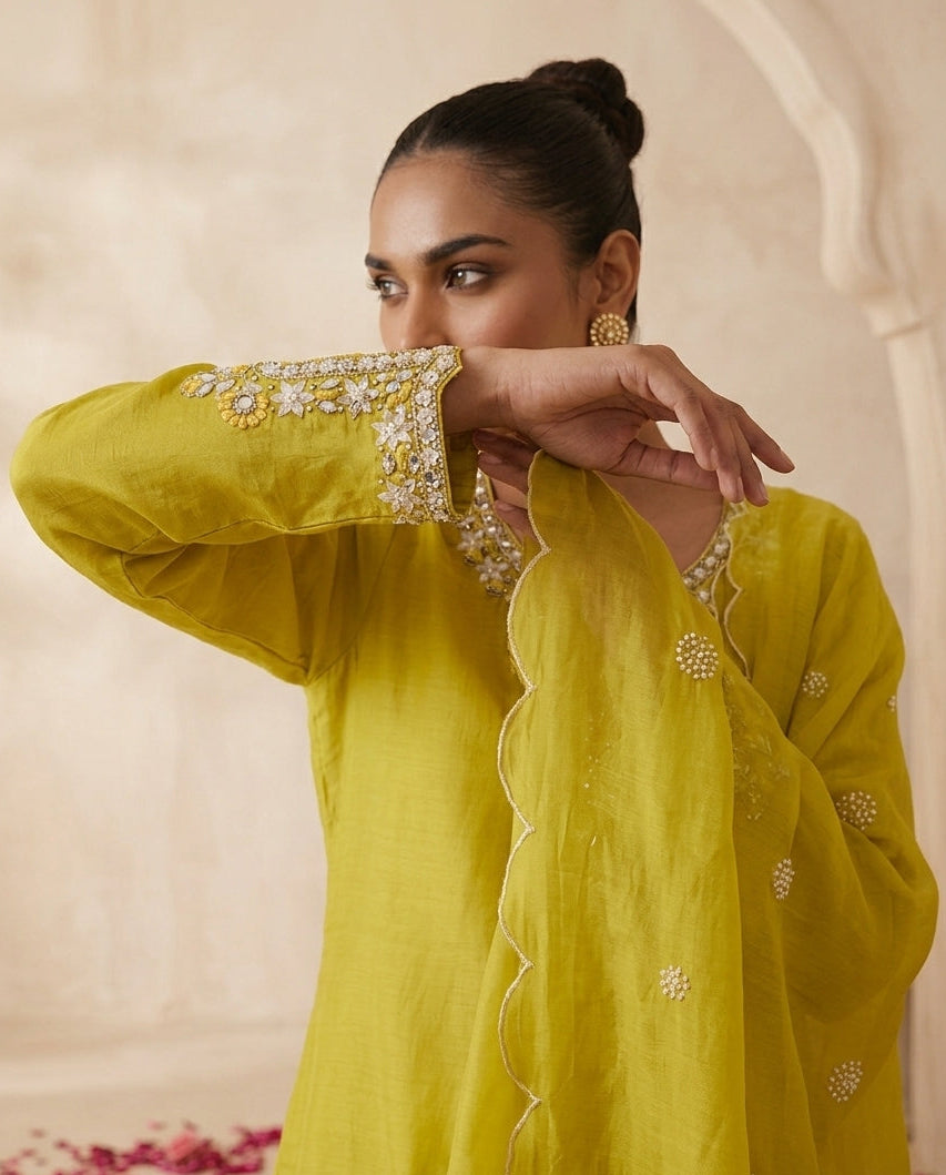 Lime Mustard Raw Silk Kurta Set with Cutdana Embroidery & Scalloped Dupatta