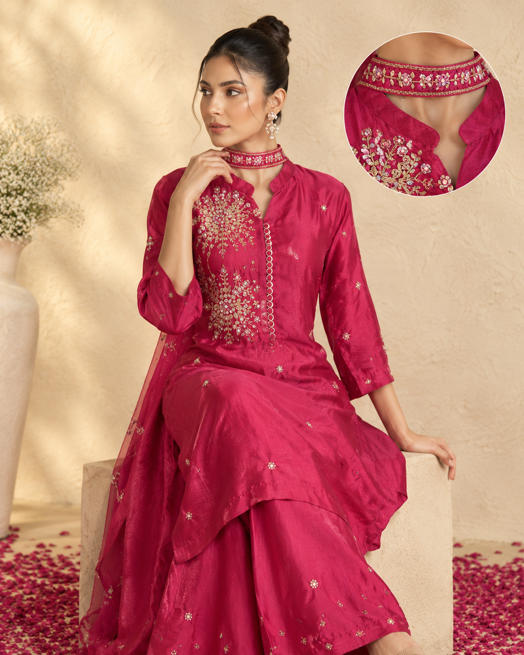 Fuchsia Magenta Mul Chanderi Embroidered Kurta Palazzo Set with Matching Choker