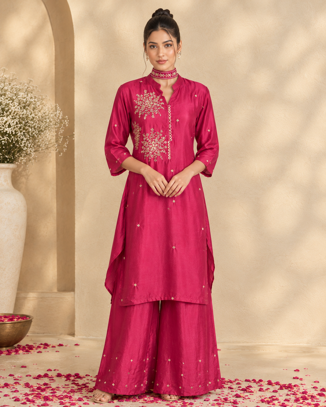 Fuchsia Magenta Mul Chanderi Embroidered Kurta Palazzo Set with Matching Choker