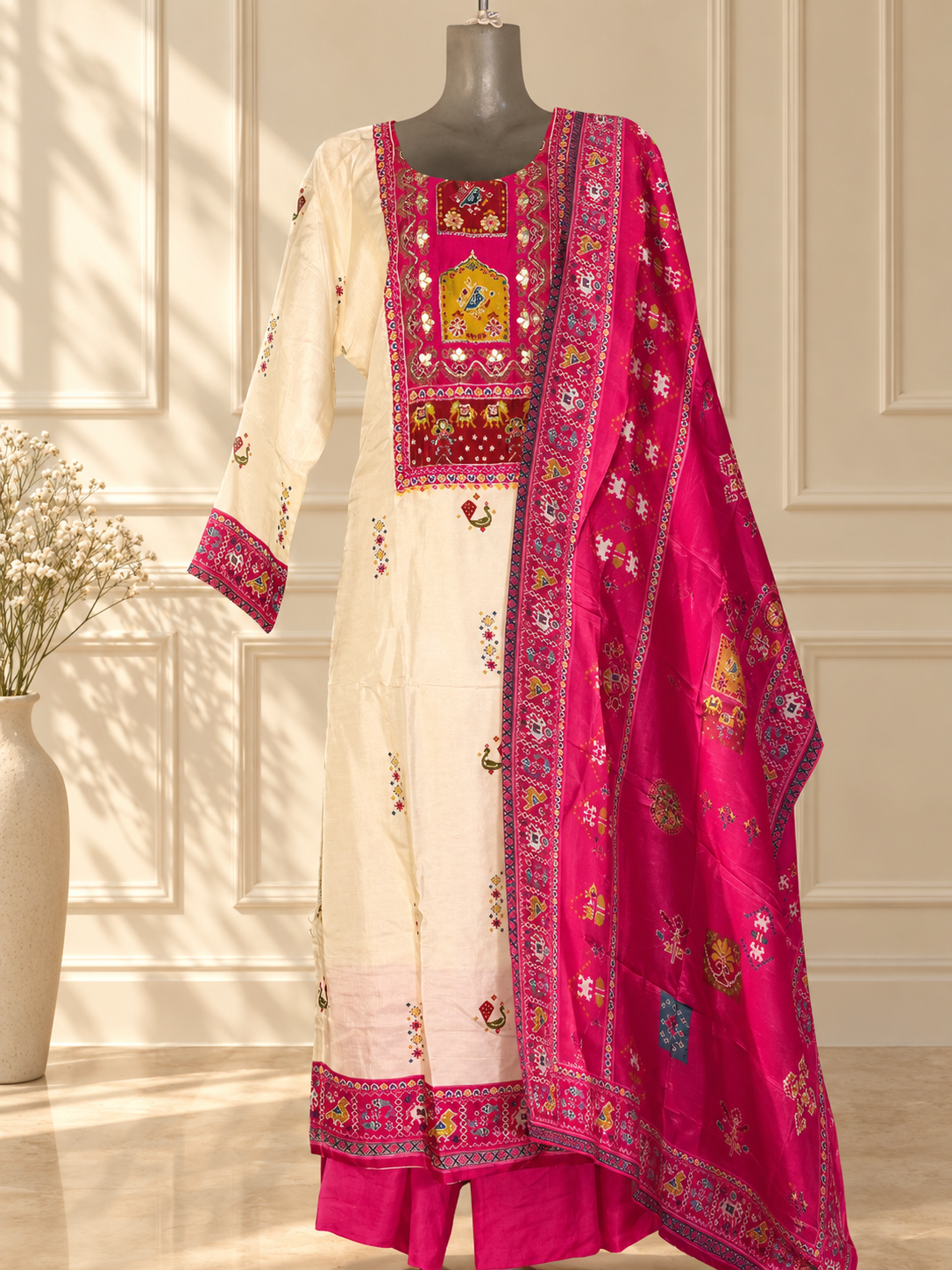 Festive Off-White Semi-Tussar Silk Suit Set in Vibrant Pink Patola Style