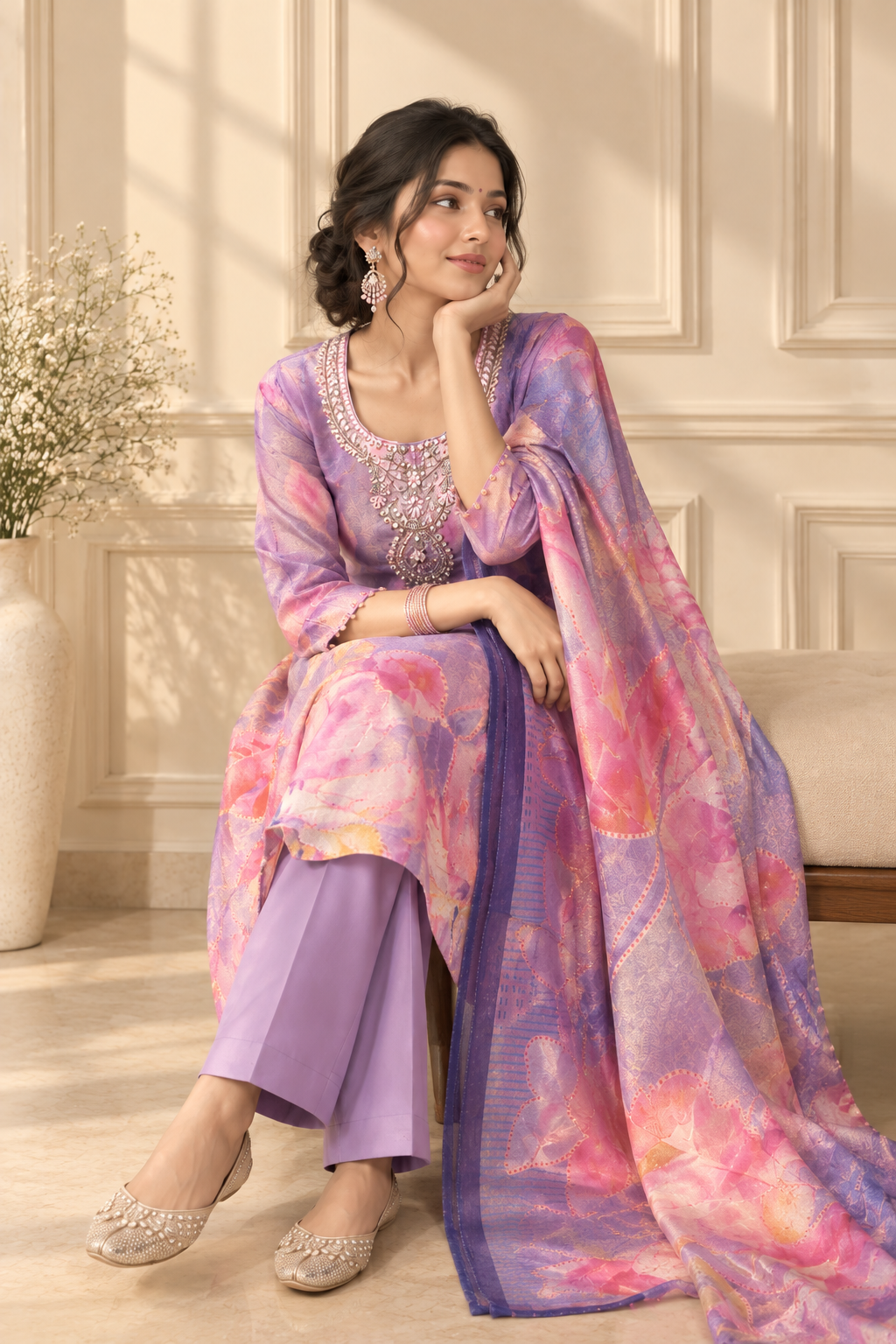 Mauve Floral Organza Silk Embroidered Kurta Set