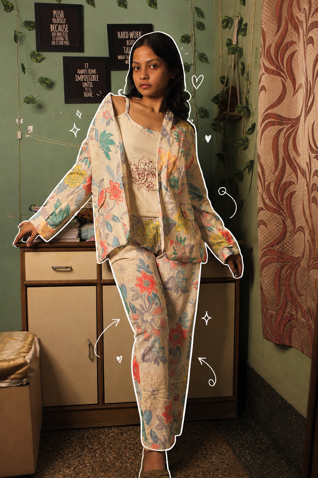 Pure Cotton Floral 3 Piece Co-ord Set for Women | Printed Top, Pants & Shrug