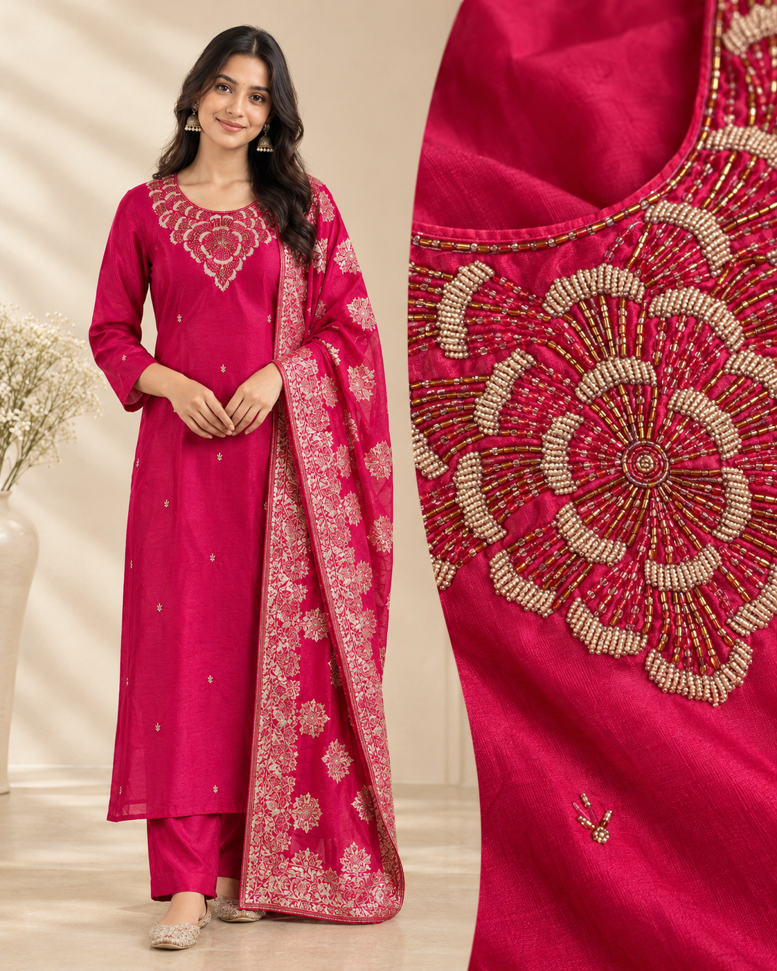 Fuchsia Pink Faux Crepe Embroidered Suit Set with Banarasi Dupatta