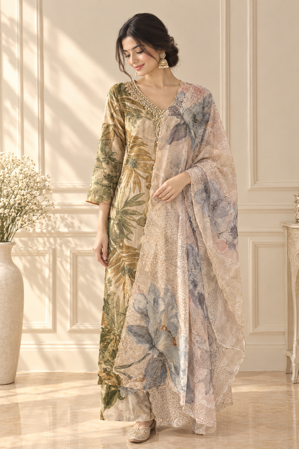 Earthy Botanica Embroidered Chanderi Silk Suit Set
