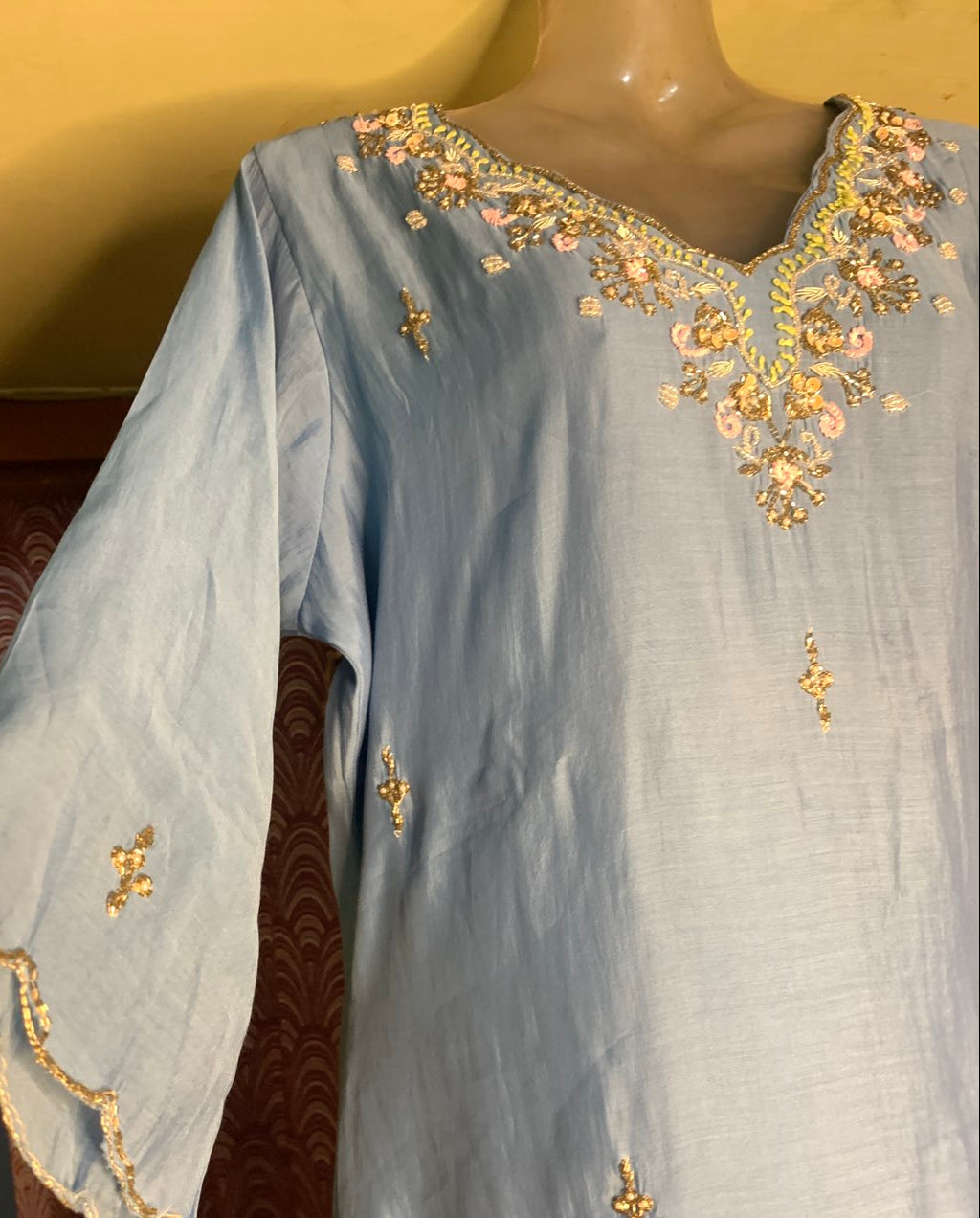 Powder Blue Muslin Silk Kurta Set with Printed Organza Dupatta