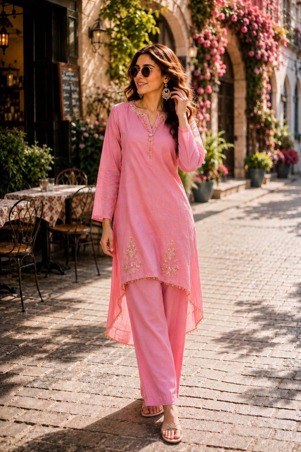 A-Line Pink Handworked Co-Ord Set | Embroidered