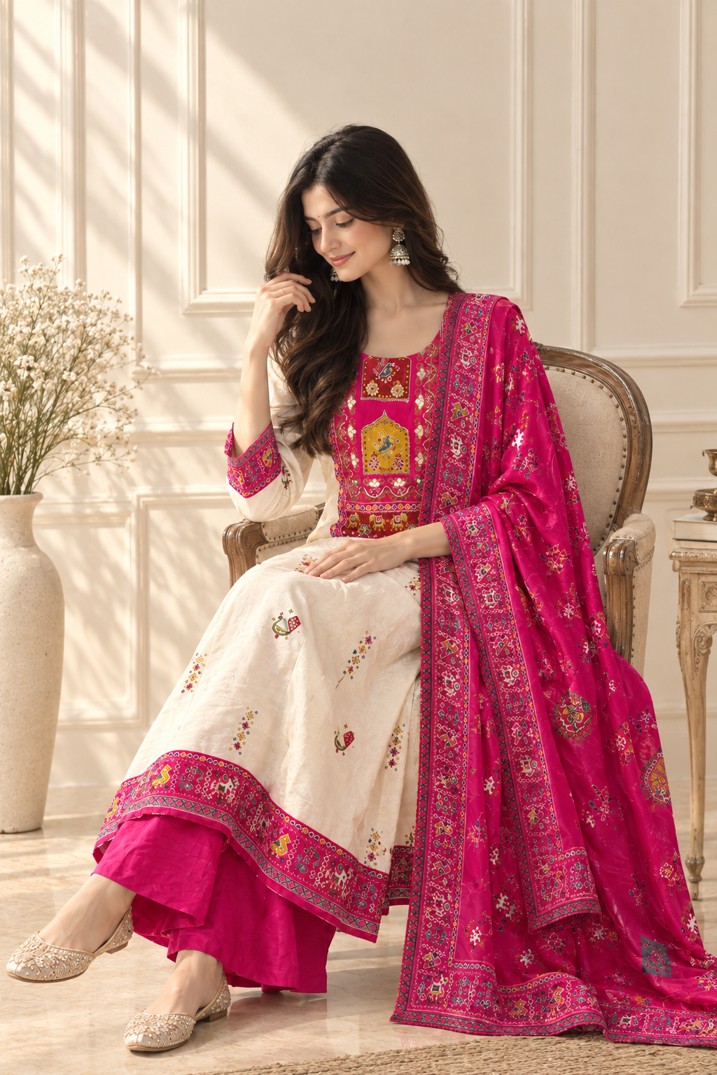 Festive Off-White Semi-Tussar Silk Suit Set in Vibrant Pink Patola Style