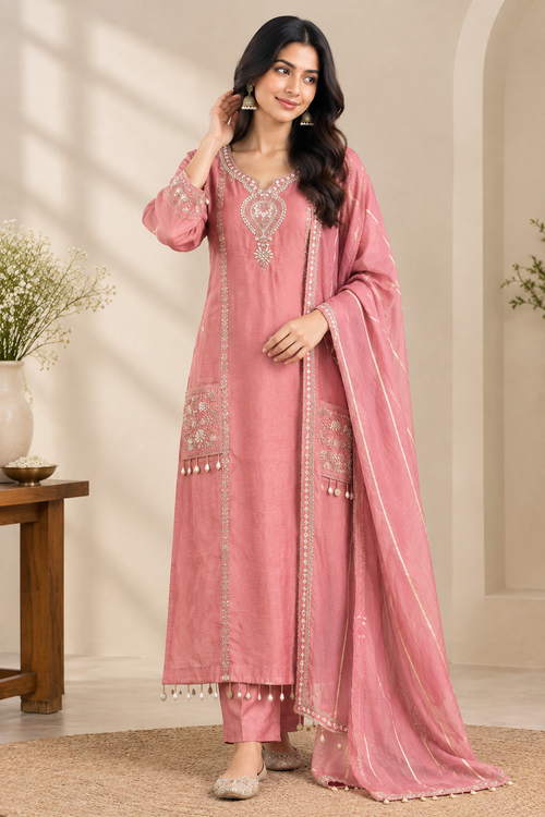 Blush Pink Embroidered Dola Silk Kurta Set with Dupatta